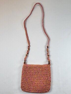 Cappelli Straworld Crocheted Crossbody PURSE Coral Peach Bag Beaded Strap Boho